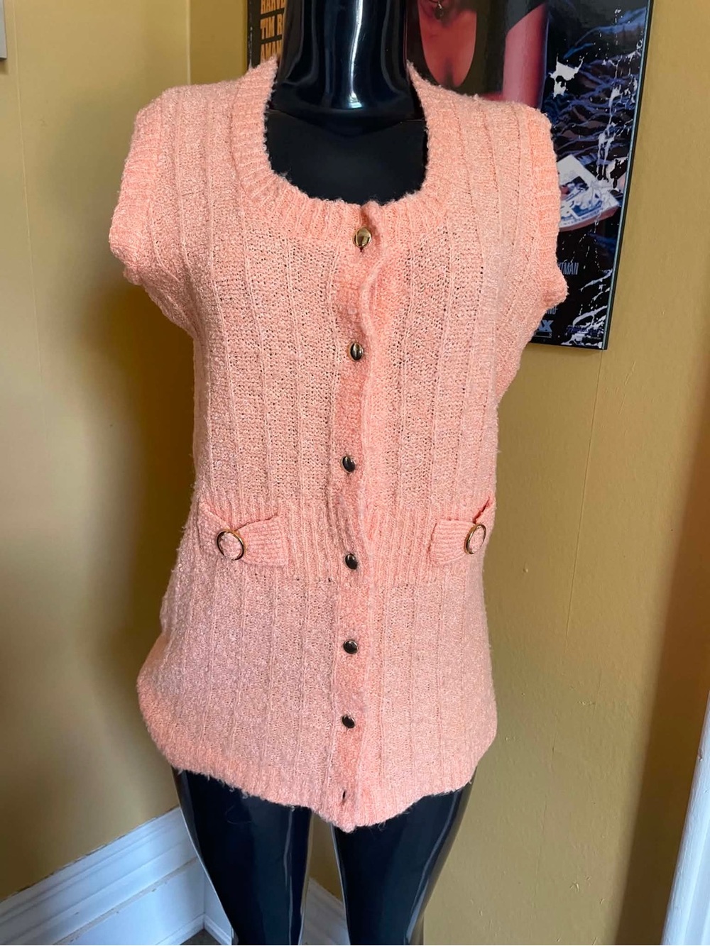 Vintage Soft Knit Peach Button-Front Women's Sweater Vest Gold Accents